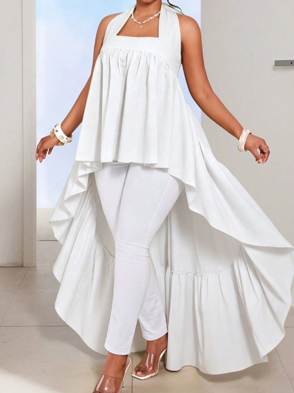 White Casual Women's Plus Size Asymmetrical Collar Tie-Up Neck Blouse